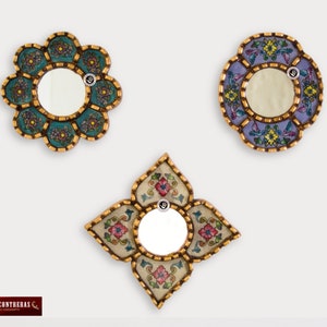 Small Accent Wall Mirror set of 3 - Decorative Vintage mirrors of 6&quot; for wall decor, Peruvian Mirrors Vanity with bronze leaf &#39;Miraflores&#39;
