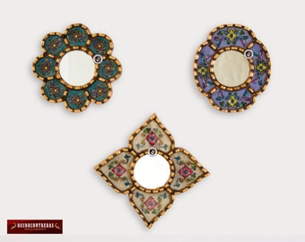 Small Accent Wall Mirror set of 3 - Decorative Vintage mirrors of 6&quot; for wall decor, Peruvian Mirrors Vanity with bronze leaf &#39;Miraflores&#39;