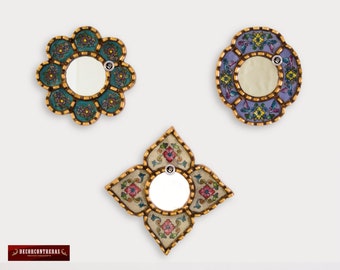 Miroirs de collection décoratifs en verre peint de 6 pouces - Décorations intérieures en miroir péruvien pour la maison faites à la main « Miraflores »