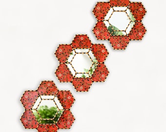 Peruvian hexagon mirror set of 3 | Handmade red mirror wall decor | Decorative mirrors for bedroom | Small accent mirror | Housewarming gift