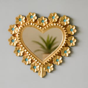Peruvian Heart Shaped Mirror Wall Decor | Gold Wall Mirror with Bronze Leaf Finish | Boho Decorative Mirrors | Aesthetic Room Home Decor