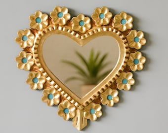 Peruvian Heart Shaped Mirror Wall Decor | Gold Wall Mirror with Bronze Leaf Finish | Boho Decorative Mirrors | Aesthetic Room Home Decor