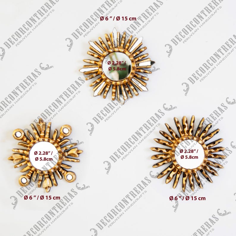 Gold Sunburst Mirror Set 3 - Small Wall Mirrors 6" - Handcarved Wood Starburst - Vintage Style Home Refresh Gallery Wall Art |Ships from USA image 10