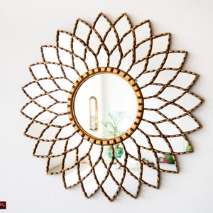 Gold Round Mandala Mirror wall decor 23.6&quot;, Ornate Accent Sunflower Mirror &quot;Golden Blaze&quot;, Peruvian Bronze Gilded Wood round entryway mirror