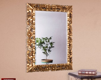 Hand carved Peruvian Gilded Mohena Wood Wall Mirror with Gold Leaf, 'Golden Rosess' - Ornate Wall Mirror - Bathroom Mirror - Peruvian Mirror