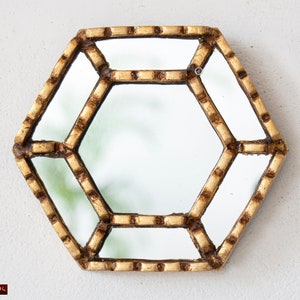 Small Gold Mirrors Wall Decor | Peruvian Ornate Hexagon Mirror for Wall art glass, Living Room | Peruvian Vintage style Mirrors decortive