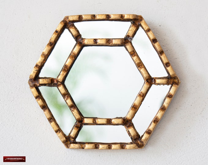 Small Gold Mirrors Wall Decor Peruvian Ornate Hexagon Mirror Etsy
