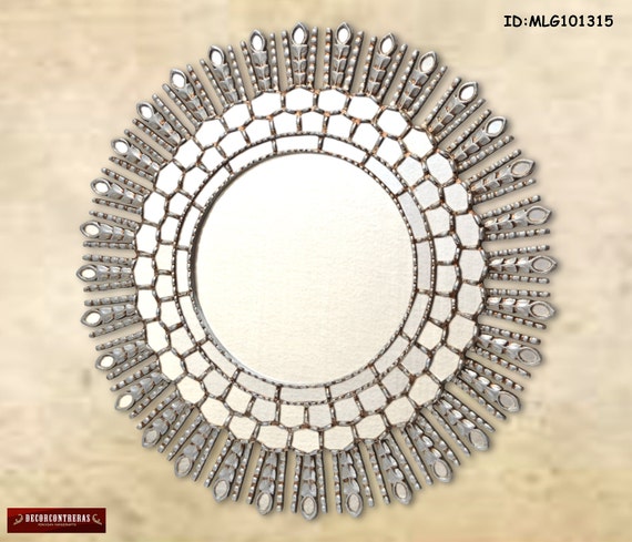 Decorative Mirrors Cuzco Style Large Sunburst Silver Carved Wood Round Frame Covered With Leaf Ornate