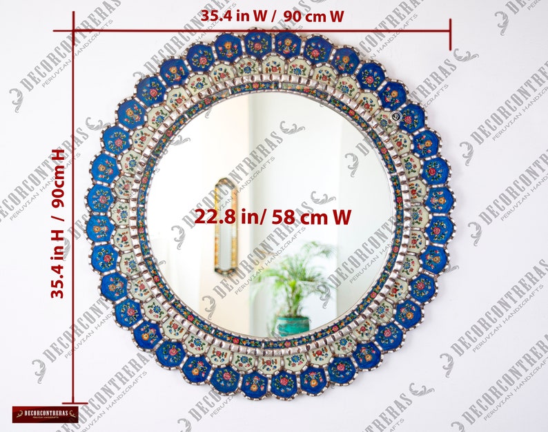 Large Blue Round Mirror For wall 35.4in Blue Flowers Peruvian Accent Blue Mirror decorative, Reverse Painted glass Hanging Wall Mirrors image 6