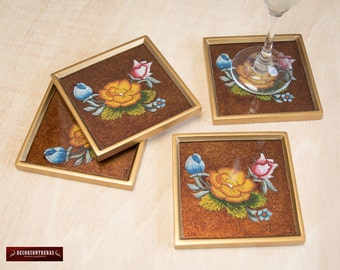 Roses Glass Coasters set of 4 - Peruvian Glass Coasters, Framed in wood - Coaster for drinking - dining coasters Barware - Glass Tableware
