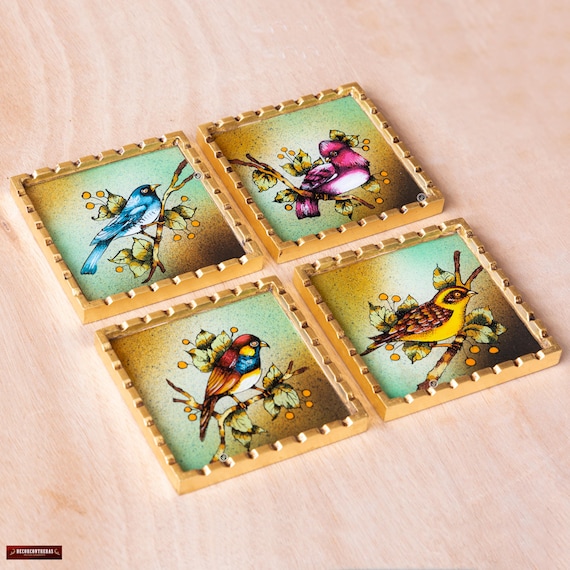 Handmade Coasters Set of 4 from Peru– Birds Glass Coasters for Drinks  – Unique Housewarming Gift – Bird lover gift - Wooden Coasters
