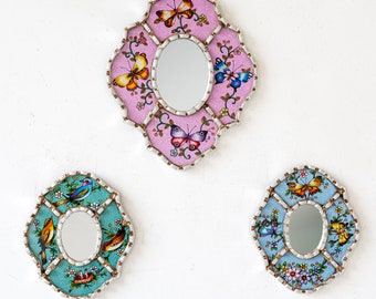 Handcrafted Peruvian Small Accent Mirrors | Silver Leaf Wood Wall Mirror set 3 | Unique Mirror Home Decor | Bohemian, Modern Styles