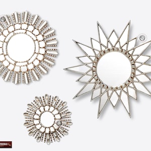 Decorative Sunburst wall Mirror set 3, &#39;Stars collection&#39;- Handmade Star Mirror - Round Mirrors for wall - Peruvian wall Mirrors Silver leaf