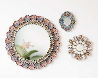 Handmade Decorative Wall Mirrors Set 3 | Peruvian Painted Glass Mirror for Wall Decor |  Gift for Girls’ Room or Home Decor | Gift Ideas