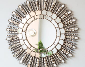 Silver Sunburst Wall Mirror 24" - Hand Carved Wood Round Mirrors - Peruvian Silver Leaf Art Deco Decor for Living Room | USA/CA No Duties