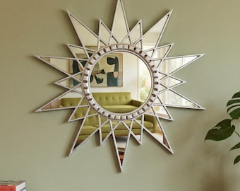 Peruvian Starburst Mirror For Wall Decor - Handmade Star Mirror with Silver Leaf Accent - Artisan Sunburst Mirrors 23.6" Art Deco Style