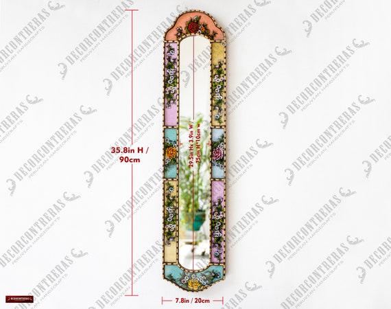 Narrow Hanging mirror home wall | Antique Gold frame mirror glas wall art| Peruvian Handpainted glass Long mirror for living room decoration