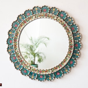 Decorative Turquoise Round Mirror For wall decor room 17.7in "Turquoise Queen"-  Accent Silver Mirror, Peruvian Painted glass Hanging Mirror