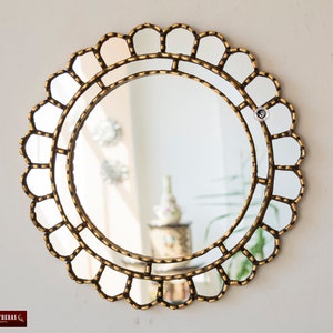 Decorative Accent Gold Round Mirror For wall 17.7in "Cuscaja Gold", Peruvian Wall Mounted Mirror, Gold leaf wood framed Hanging Wall Mirrors