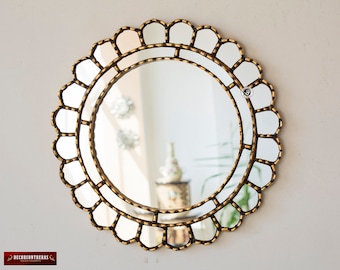 Decorative Accent Gold Round Mirror For wall 17.7in "Cuscaja Gold", Peruvian Wall Mounted Mirror, Gold leaf wood framed Hanging Wall Mirrors