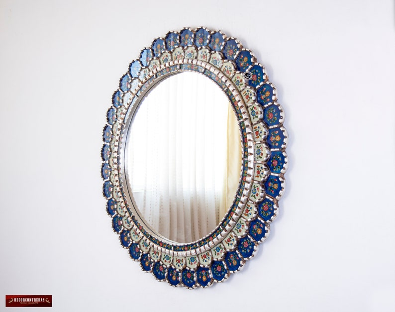 Large Blue Round Mirror For wall 35.4in Blue Flowers Peruvian Accent Blue Mirror decorative, Reverse Painted glass Hanging Wall Mirrors image 3