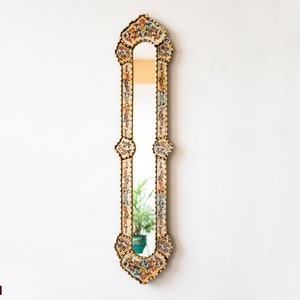 Long Multicolor Narrow wall mirror 35.4" tall, Painting on glass Long Mirror wall art, Gold leaf wood framed Narrow Mirror wall Decorative