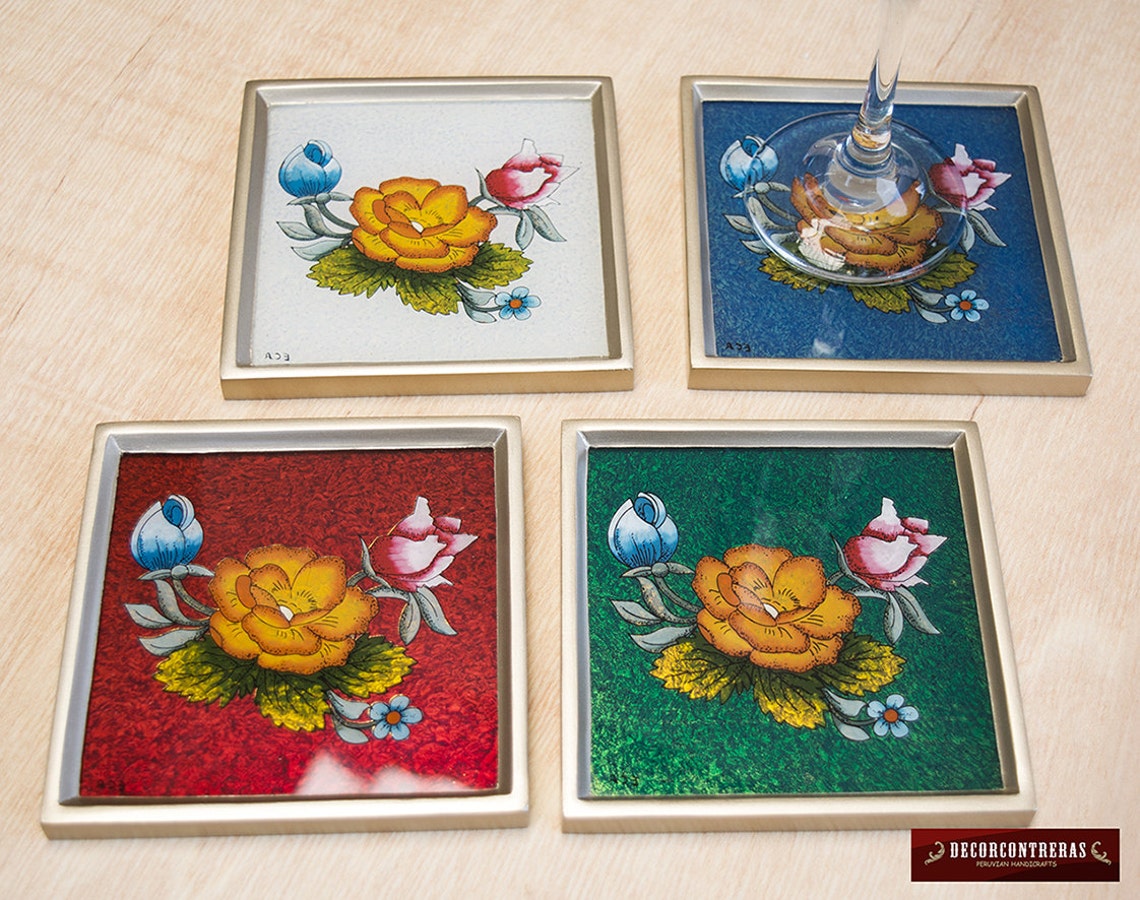 Roses Glass Coasters Set of 4 Peruvian Glass Coasters Etsy