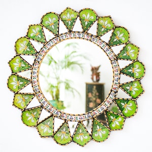 Green Hanging mirror home wall | Fleur de lis on the wall art decor | Circle mirror living room decorations | Peruvian Antique Round mirror