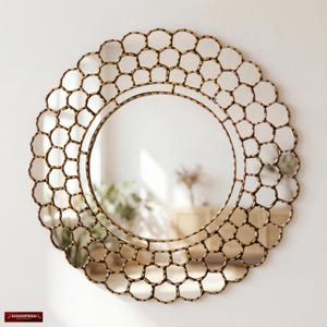 Grand miroir rond de 31,5 pouces avec cadre en bois de feuille de bronze - Décoration murale miroir en mosaïque circulaire - Miroir de luxe pour entrée | États-Unis/Canada sans droits de douane
