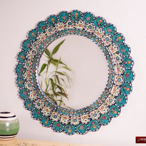 Peruvian Round Mirror 23.6in "Andean Blossom"- Silver wood framed wall mirror - Decorative Cuzcaja Mirror wall decor - hand painted mirror