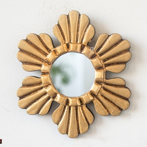 Small Gold Round Wall mirror 6" home decor | Gold Leaf Wall hanging circle mirror | Peruvian Wood mirror on the wall for living room| gifts
