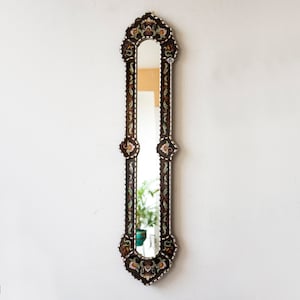 Long Silver Black Narrow wall mirror 35.4" tall, Peruvian Painted glass Long Black Mirror wall art, silver leaf wood framed Narrow Mirrors