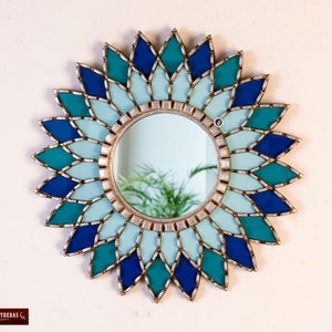 Peruvian Blue Round Mandala Wall Mirror 17.7", Accent sunflower Mirror "Andean Mandala", Painted glass mirror for living room, holiday decor