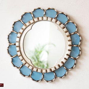 Peruvian Accent Round Mirror wall 12.2&quot;, Soft light blue reverse-painted glass wall mirror room decor, Contemporary mirror nursery wall