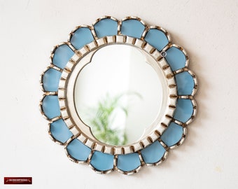 Peruvian Accent Round Mirror wall 12.2", Soft light blue reverse-painted glass wall mirror room decor, Contemporary mirror nursery wall