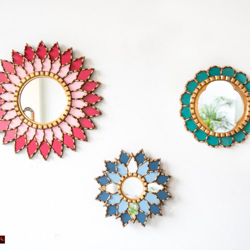 Accent Round Mirror Set of 3 Turquoise & White Ornate Wall Etsy