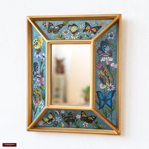 Decorative Convex Wall Mirror 9.4&quot;x7.8&quot; | Peruvian Painted Glass Blue Mirror for Wall Decor | Christmas Gift for Home | Butterfly design
