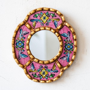 Pink Fuchsia Floral Mirror 6in- Handmade Peruvian Painted Glass - Heartfelt Mothers Day Gift - Valentines Day | USA/Canada No Duties