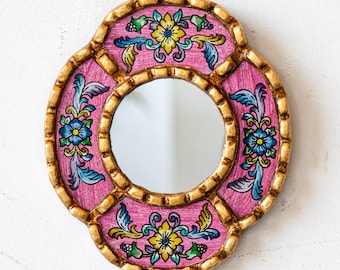 Pink Fuchsia Floral Mirror 6in- Handmade Peruvian Painted Glass - Heartfelt Mothers Day Gift - Valentines Day | USA/Canada No Duties