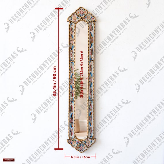 Peruvian Long Narrow wall mirror 35.4" Tall for home wall decor - Handmade Decorative skinny Mirror with gold leaf for living room, bedroom