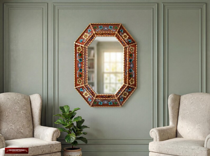 Grote gouden achthoekige bolle spiegel 29"- Peruaanse handgeschilderde glazen bloemenwanddecoratie kunst aan de muur - luxe woonkameraccentstuk | VS Geen verplichtingen afbeelding 3