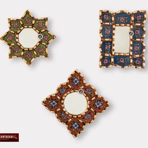 Small Decorative Wall Mirror set of 3 - Accent Vintage mirrors of 6" for wall decor, Peruvian Mirrors Vanity with bronze leaf 'Treasures'