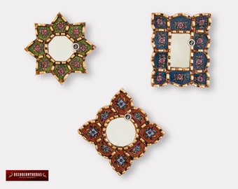 Small Decorative Wall Mirror set of 3 - Accent Vintage mirrors of 6&quot; for wall decor, Peruvian Mirrors Vanity with bronze leaf &#39;Treasures&#39;