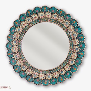 Peruvian Wall Accent Mirror "Turquoise Blossom"- Decorative Cuzcaja Round Mirror wall - Reverse Painting on glass with golden wood framed