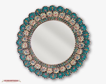 Peruvian Wall Accent Mirror &quot;Turquoise Blossom&quot;- Decorative Cuzcaja Round Mirror wall - Reverse Painting on glass with golden wood framed