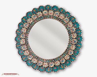 Peruvian Wall Accent Mirror "Turquoise Blossom"- Decorative Cuzcaja Round Mirror wall - Reverse Painting on glass with golden wood framed