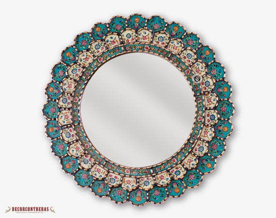 Hand Painted Mirror 23.6in | Round Gold Framed Peruvian Colonial Bathroom Vanity Mirror | Turquoise Floral Antique Gold Wall Decor