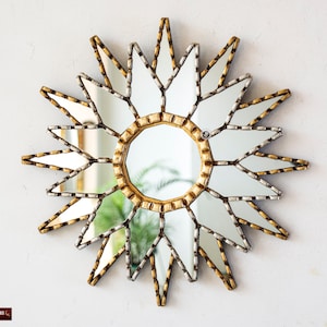 Peruvian Star Wall Mirror 15.7&quot;, Accent Round Mirror wall decor &quot;Star Inka&quot;, Contemporary Round mirror distressed Gold & Silver Leaf Finish