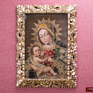 Wood framed oil on canvas &#39;Virgin of milk&#39;- Religious & Spiritual Paintings - Virgin of Milk - Peru Catholic wall decor - Folk Art Paintings