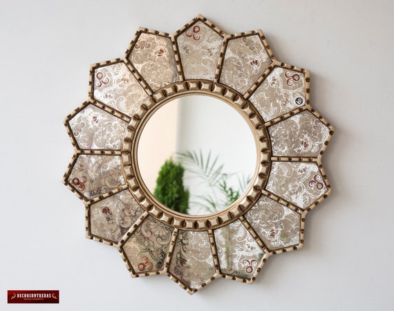 Handmade Eglomise Wall Mirror 23 6 Peruvian Luxury Sunflower Mirror Silver Round Mirror Wall Art Decor Mirror For Living Room Bathroom